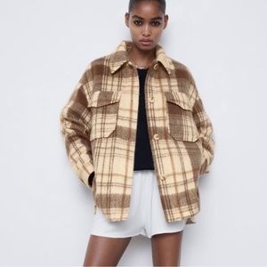 ZARA TAN PLAID WOOL OVERSIZED BOYFRIEND SHACKET COAT JACKET